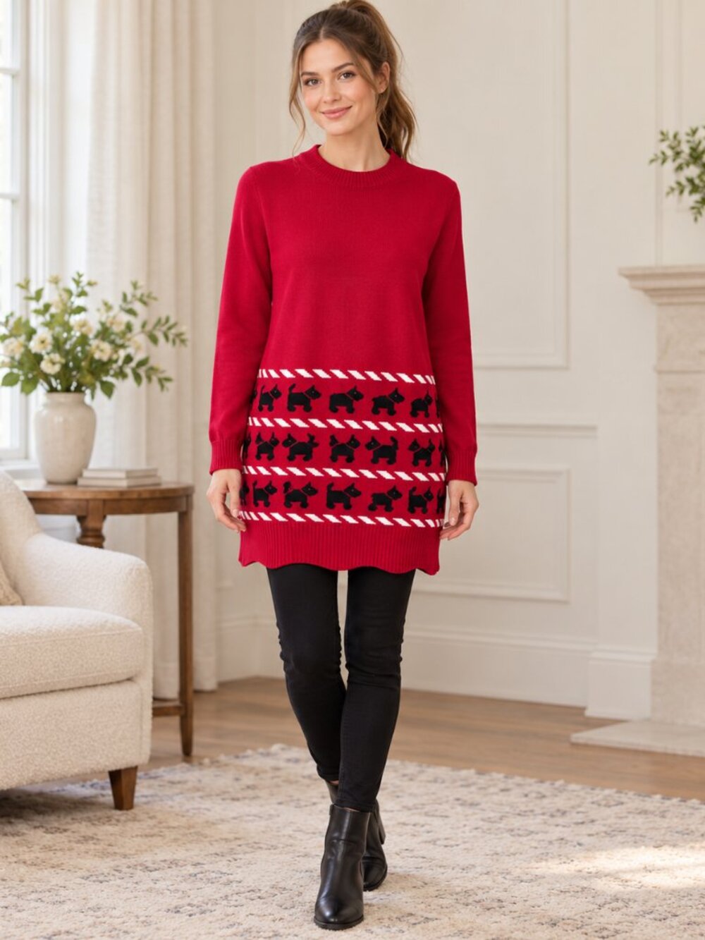 ModCloth Scottie Dog Sweater Tunic Red Retro Novelty Knit XS